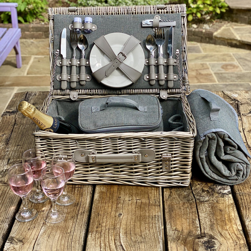 Personalised Grey Tweed Picnic Basket and Blanket - The Colourful Garden Company