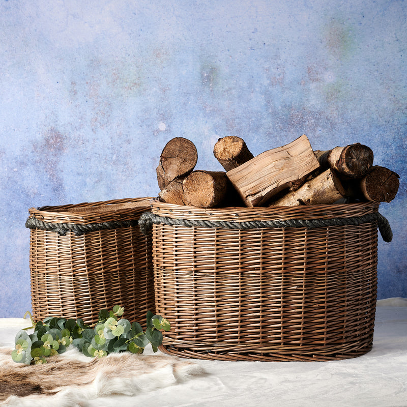 Antique Wash Oval Wicker Log Basket