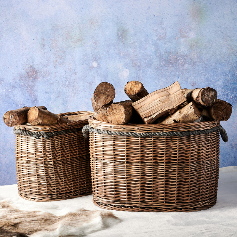 Antique Wash Oval Wicker Log Basket