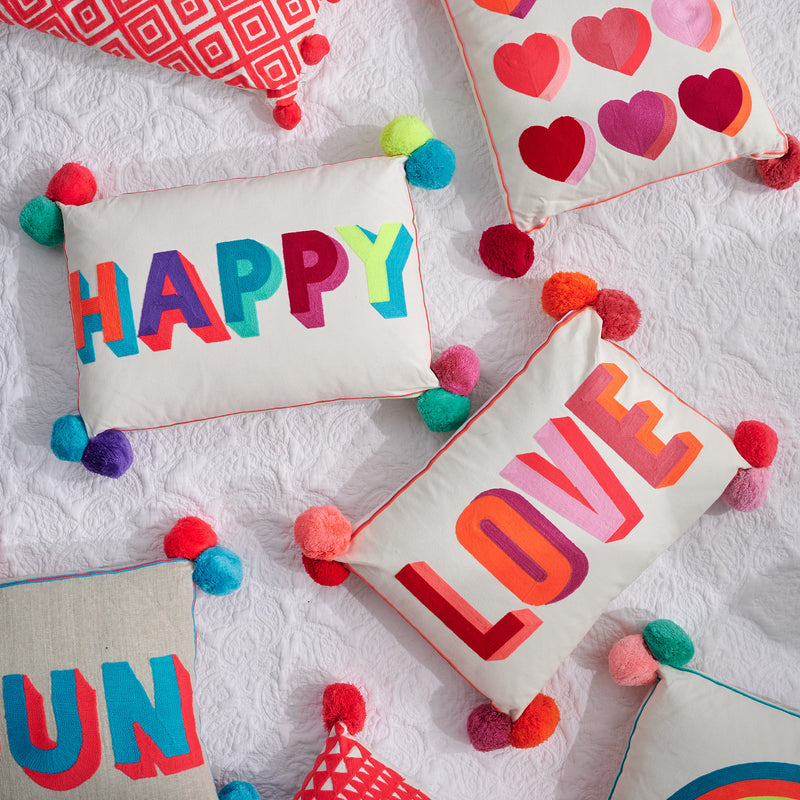 Embroidered Happy Cushion - The Colourful Garden Company