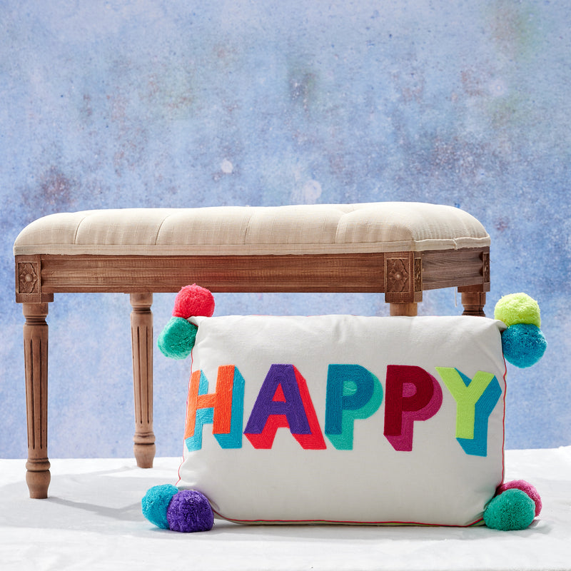 Embroidered Happy Cushion - The Colourful Garden Company