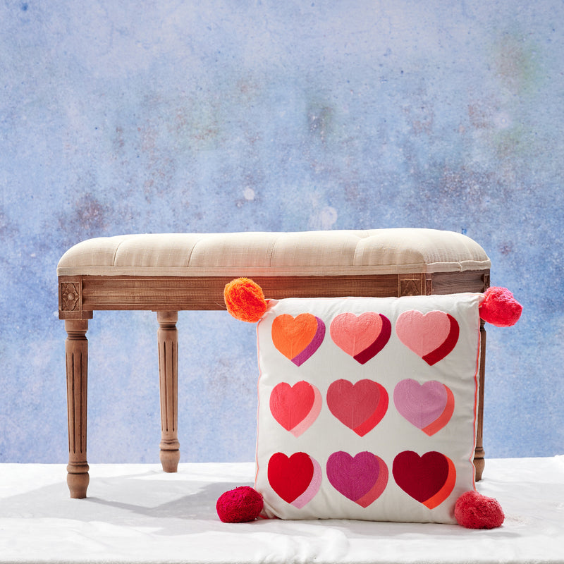 Embroidered Hearts Cushion - The Colourful Garden Company
