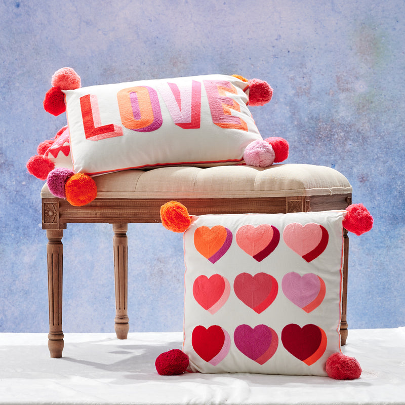 Embroidered Hearts Cushion - The Colourful Garden Company